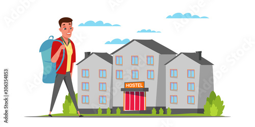 Young man outside hostel flat vector illustration