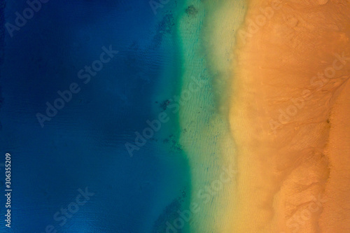 Aerial view of the golden sand of the beach Las Teresitas and turquoise water of the Atlantic Ocean, Tenerife, Canaries, Spain