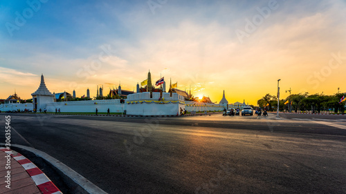 sunset in city of bangkok, grand palace.