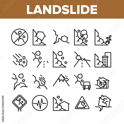 Landslide Collection Elements Icons Set Vector Thin Line. Snowy And Stone Landslide From Mountain, Road Mark And Ruined House Concept Linear Pictograms. Monochrome Contour Illustrations