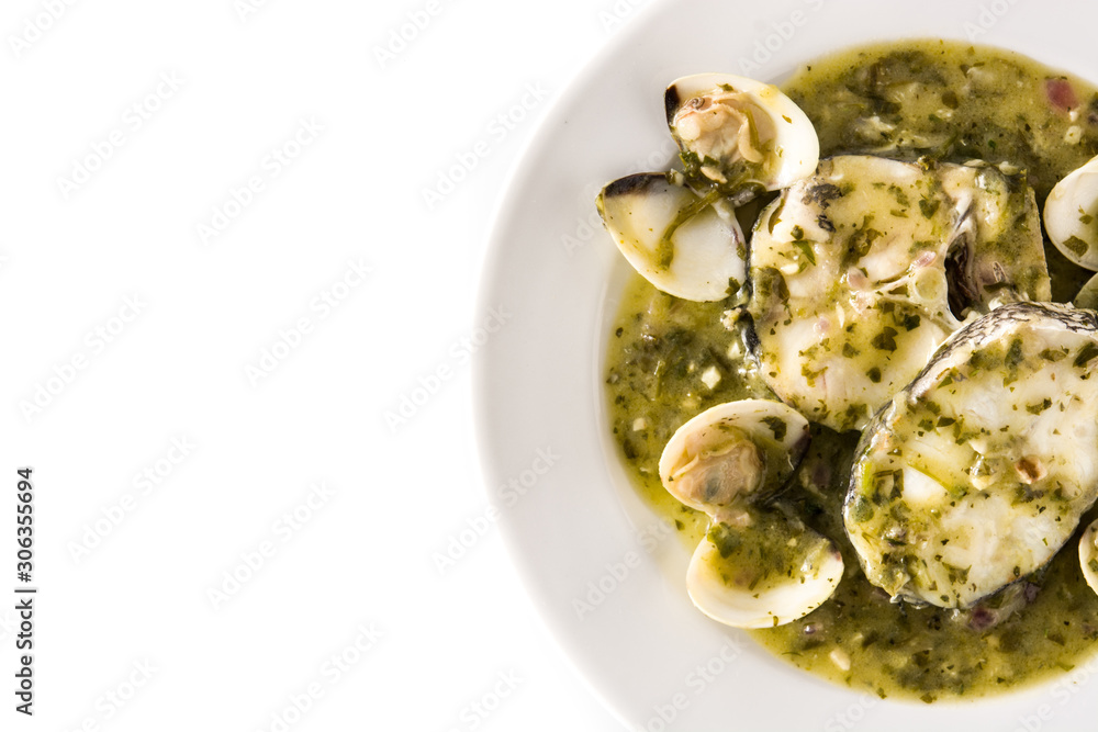 Hake fish and clams with green sauce. Typical spanish recipe.. Top view Hake fish and clams with green sauce. Typical spanish recipe.. Top view