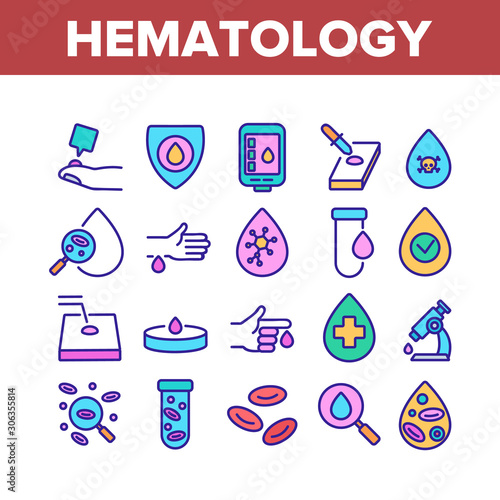 Hematology Collection Elements Icons Set Vector Thin Line. Blood Erythrocytes And Analysis, Diabetes And Infection Diagnostic Hematology Concept Linear Pictograms. Color Illustrations