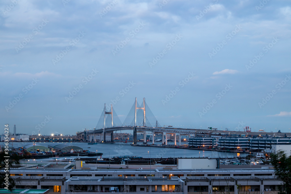 View from Yokohama Port View Park during blue hour. Landscape Orientation