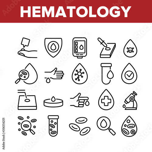Hematology Collection Elements Icons Set Vector Thin Line. Blood Erythrocytes And Analysis, Diabetes And Infection Diagnostic Hematology Concept Linear Pictograms. Monochrome Contour Illustrations