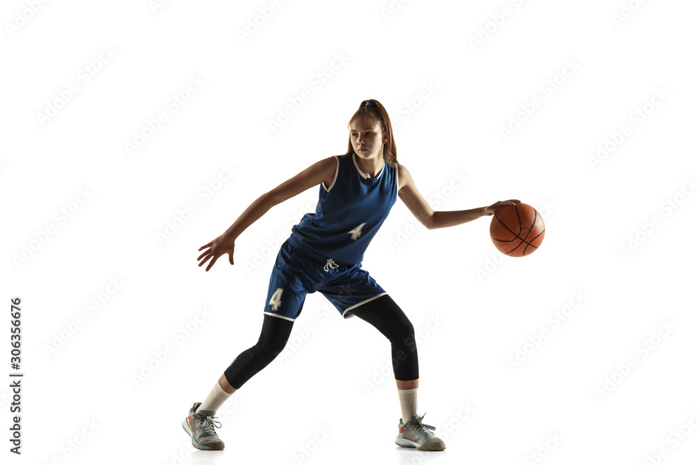 Young caucasian female basketball player of team in action, motion in run isolated on white background. Concept of sport, movement, energy and dynamic, healthy lifestyle. Training, practicing. Young caucasian female basketball player of team in action, motion in run isolated on white background. Concept of sport, movement, energy and dynamic, healthy lifestyle. Training, practicing.