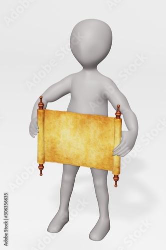 3D Render of Cartoon Character with Scrolls photo