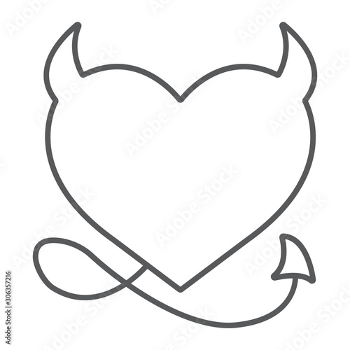 Devil Heart Valentine thin line icon, love and holiday, devil heart sign, vector graphics, a linear pattern on a white background, eps 10.
