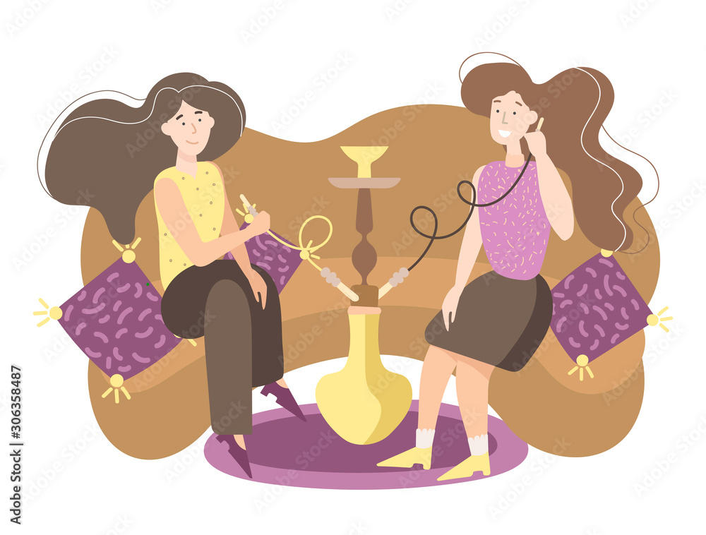 Vector illustration two girls have a rest on a sofa and smoke a hookah on a white background. A cozy and warm atmosphere for the friendship of two women. Vector illustration two girls have a rest on a sofa and smoke a hookah on a white background. A cozy and warm atmosphere for the friendship of two women.