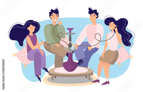 Vector illustration of a girl and a guy smoking a hookah on a sofa
