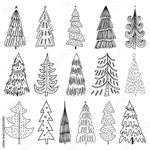 Set od hand drawn of Christmas trees. Holidays background. Abstract doodle drawing woods. Vector illustration. Use for Greeting ccrapbooking, congratulations,invitations.