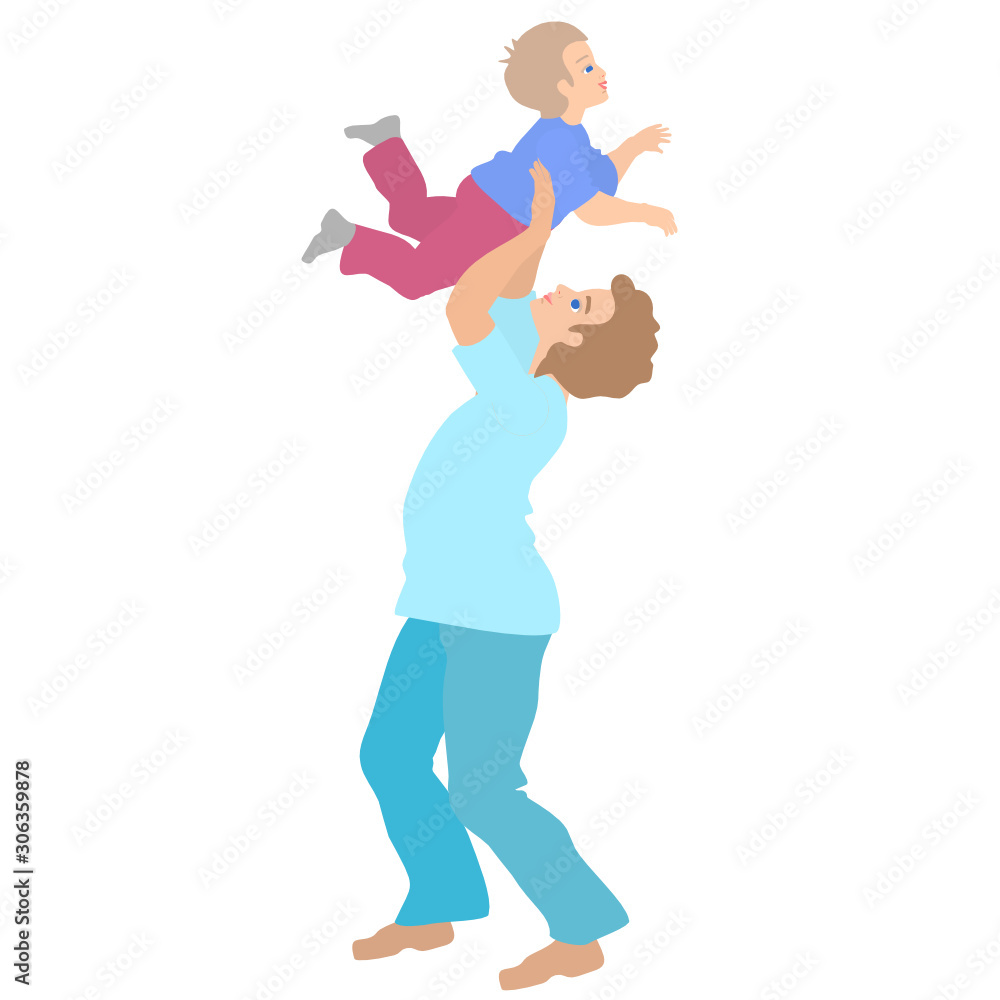 dad raised his happy and smiling son over his head, color flat clip art on a white isolated background dad raised his happy and smiling son over his head, color flat clip art on a white isolated background