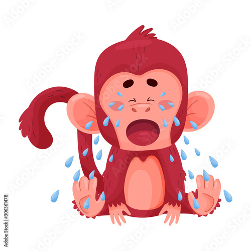 Funny Little Red Monkey Crying Inconsolably Vector Illustration Cartoon Character