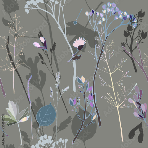 Vector illustration with sprigs, leaves, blades of grass, inflorescences and seeds on a dusty gray background. Seamless pattern with herb. Delicate pastel colors.