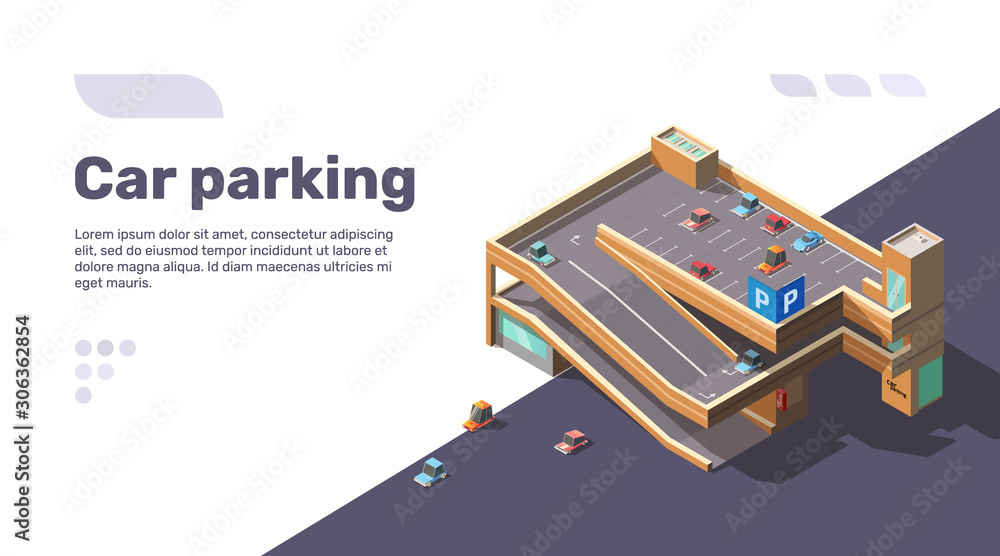 Isometric multi level car parking with elevator. Multistory parking lot building with automobiles on roof. Vector flat infographic illustration of urban transport area with sample text