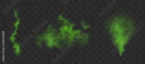Green bad smell. Stink clouds of farting, smoke or stench gases. Vector realistic set of chemical toxic vapour, breath or sweat odor isolated on transparent background photo