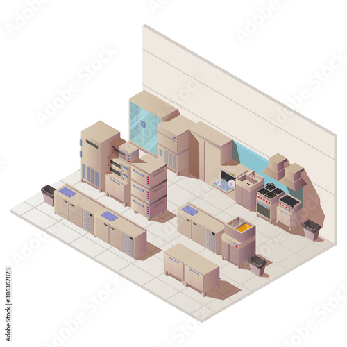 Empty isometric interior of restaurant kitchen. Vector flat illustration with sink, fridge and other cuisine equipment for professional cooking food in cafe, hotel, canteen