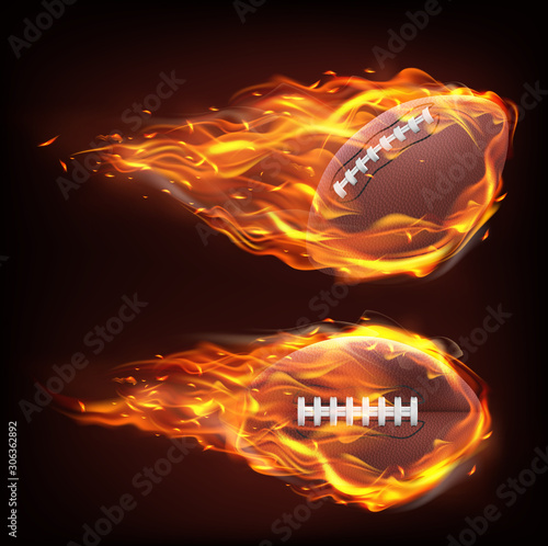 Flying rugby ball in fire isolated on black background. Vector realistic symbol of american football in flame