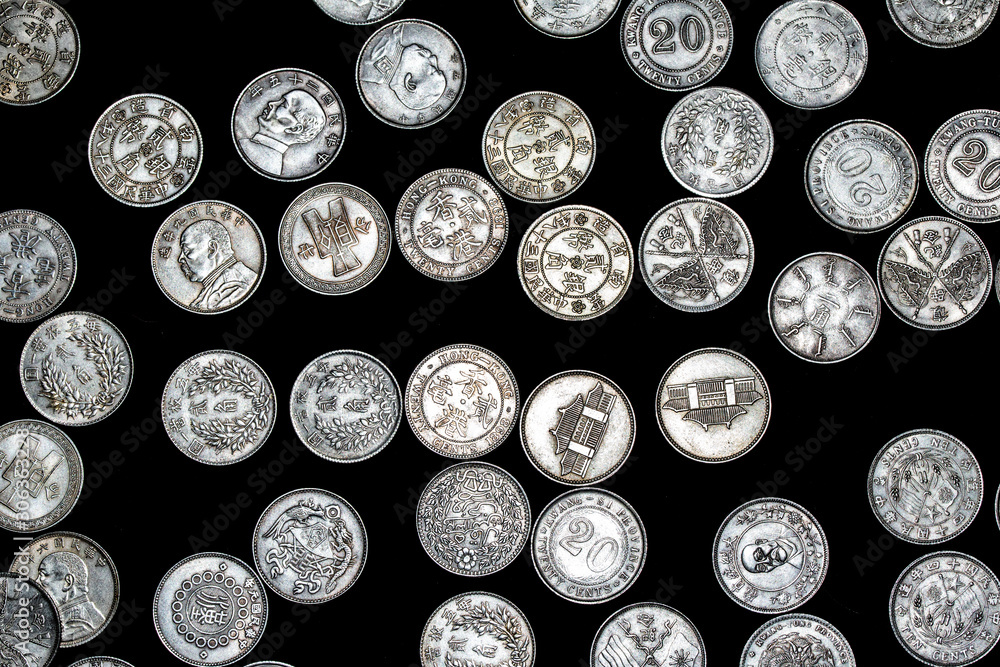 Close Up of Silver Chinese Coins Cash Close Up of Silver Chinese Coins Cash