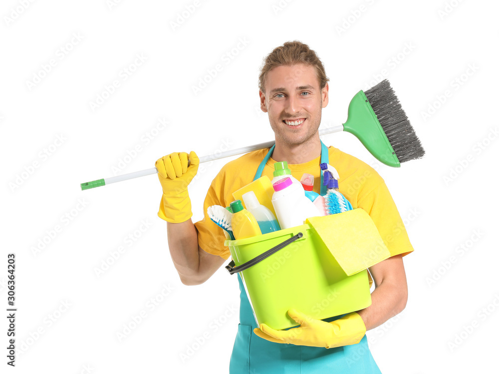 Male janitor with cleaning supplies on white background Male janitor with cleaning supplies on white background