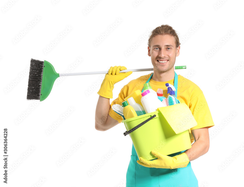 Male janitor with cleaning supplies on white background Male janitor with cleaning supplies on white background