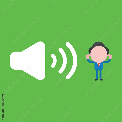 Vector faceless businessman with sound on symbol and closes ears on green background. photo