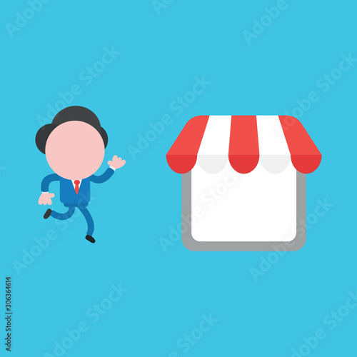 Vector faceless businessman running to shop store on blue background.