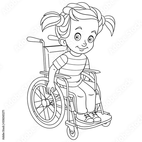 coloring page with disabled girl on wheelchair