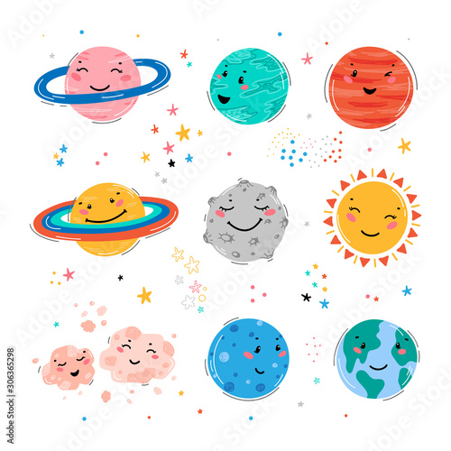 Space Set with Planets Solar System, Sun, Meteorite. Cute Planet Smiling Face Space Vector Collection for Kids t-shirt Print, Nursery Design, Birthday Party