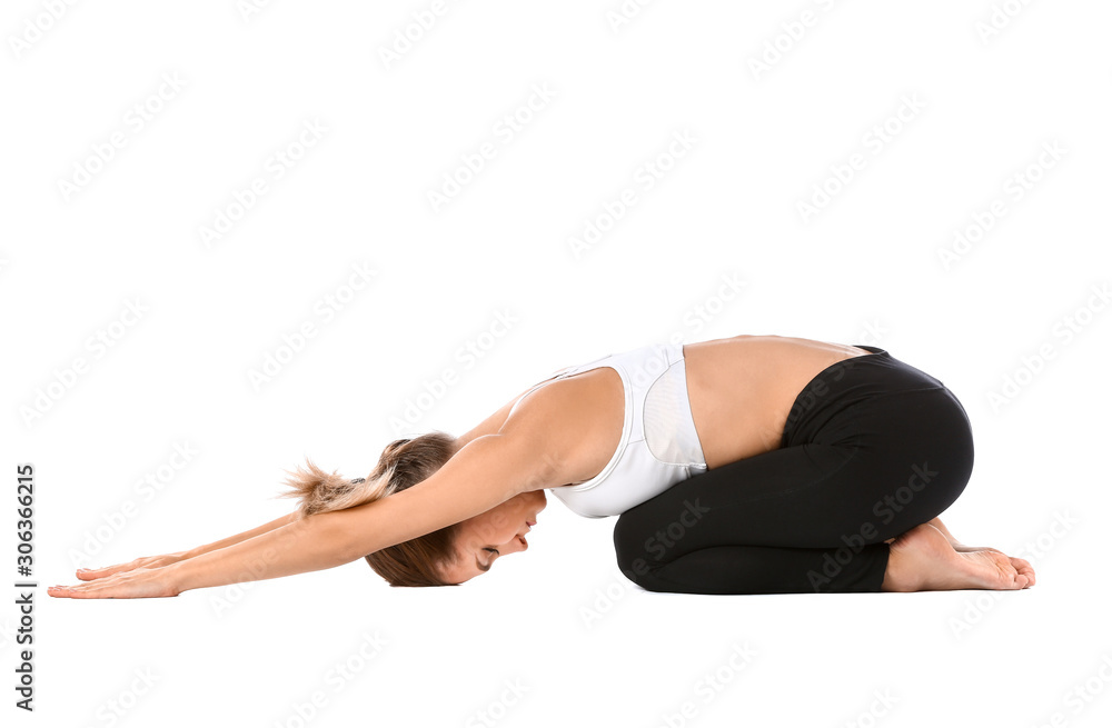 Beautiful young woman practicing yoga on white background Beautiful young woman practicing yoga on white background