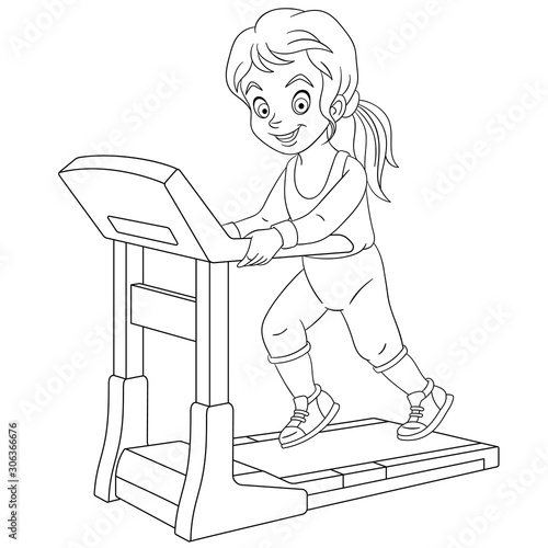 coloring page with girl running on treadmill