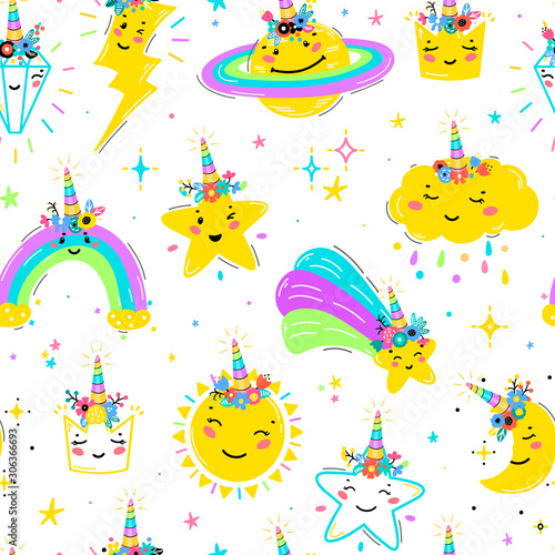Magic Unicorn Little Cute Smiling Weather, Celestial bodies and Jewels Kawaii Icons with Flower Unicorn Horn Space Vector Background. Seamless Pattern for Kids Fashion, Nursery