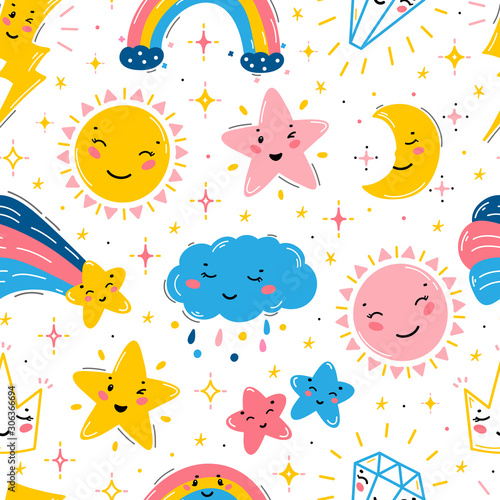 Vector Background with Little Cute Smiling Weather, Celestial bodies and Jewels Kawaii Icons. Sky and Space Seamless pattern for Kids Fashion, Nursery, Baby Shower