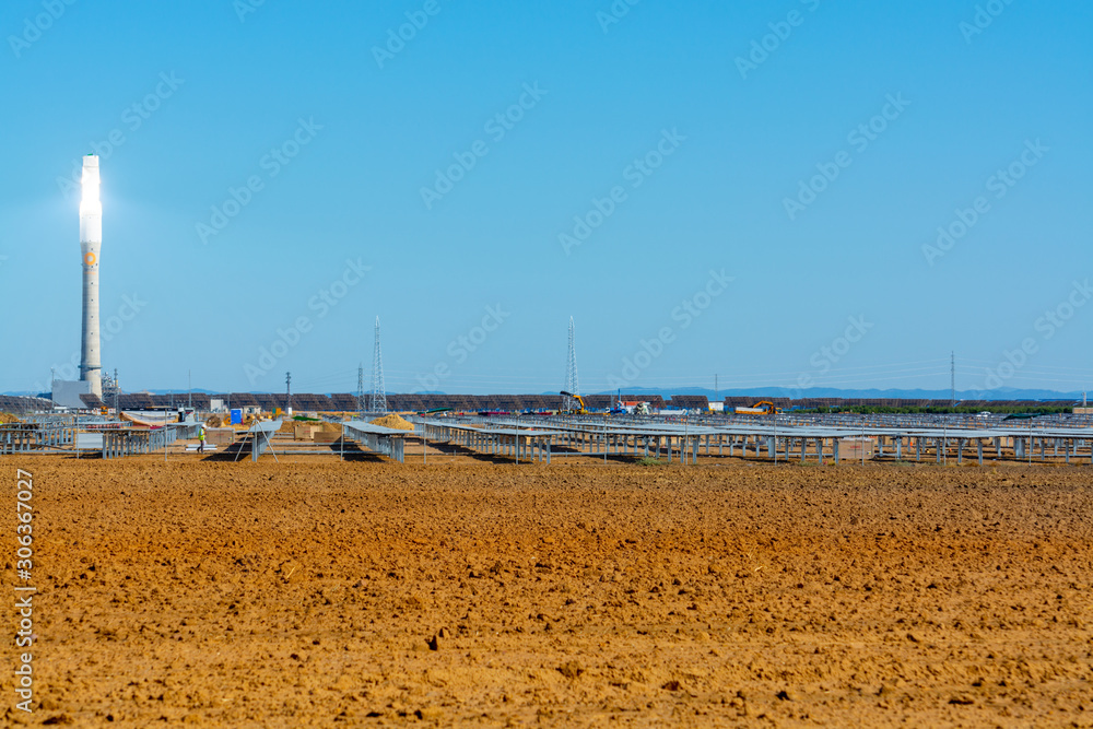 Fuentes de Andalucia, Spain, September 11, 2019, view on high futuristic tower on concentrated solar power plant in Andalusia, Spain