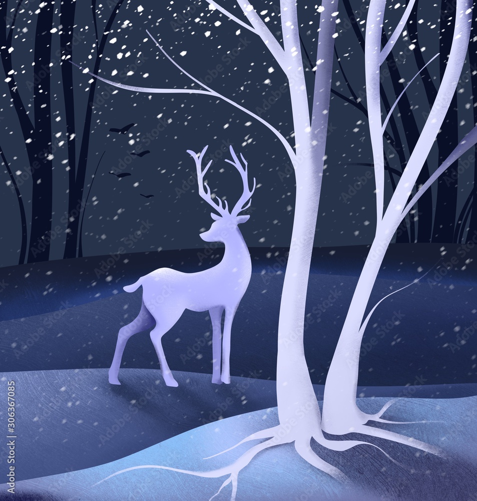 Deer on The Winter Snowy Forest Illustration Greeting Card Print Deer on The Winter Snowy Forest Illustration Greeting Card Print