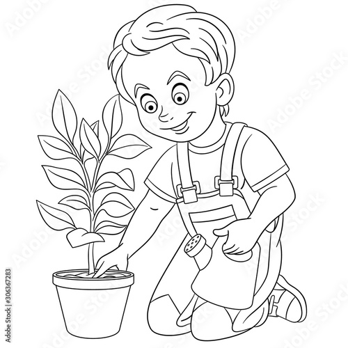 coloring page with boy planting tree