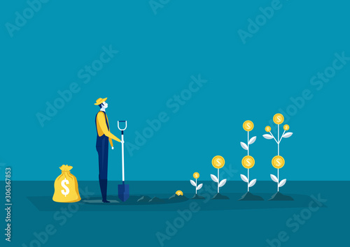 farmer plant a money tree or picking dollars from money tree. Business growth, Vector illustration
