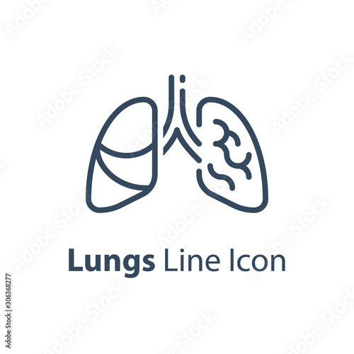 Human internal organ, healthy lungs, respiratory illness, vector line icon