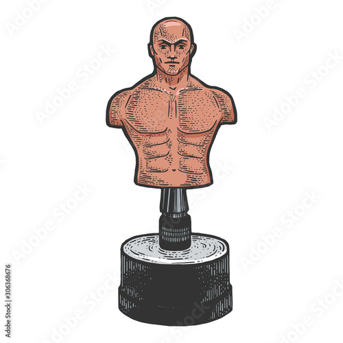 Boxing dummy body opponent bag sketch engraving vector illustration. T-shirt apparel print design. Scratch board style imitation. Black and white hand drawn image.