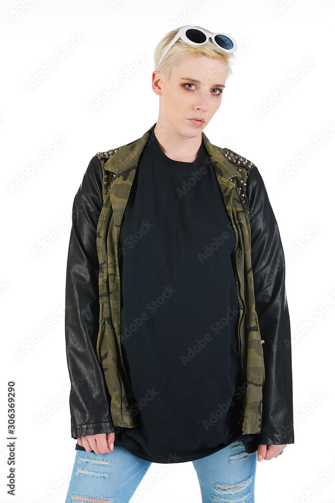 Blank t-shirt mock-up - Grunge, rock punk girl ready for your design Blank t-shirt mock-up - Grunge, rock punk girl ready for your design