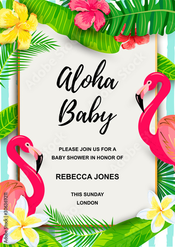 Pink flamingo with jungle leaves, flowers, tropical party invitation. Place for text. Great for flyer, baby shower invitation, wedding, poster.