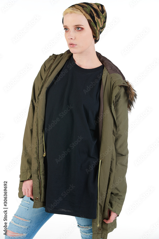 Blank t-shirt mock-up - Grunge, rock punk girl ready for your design Blank t-shirt mock-up - Grunge, rock punk girl ready for your design