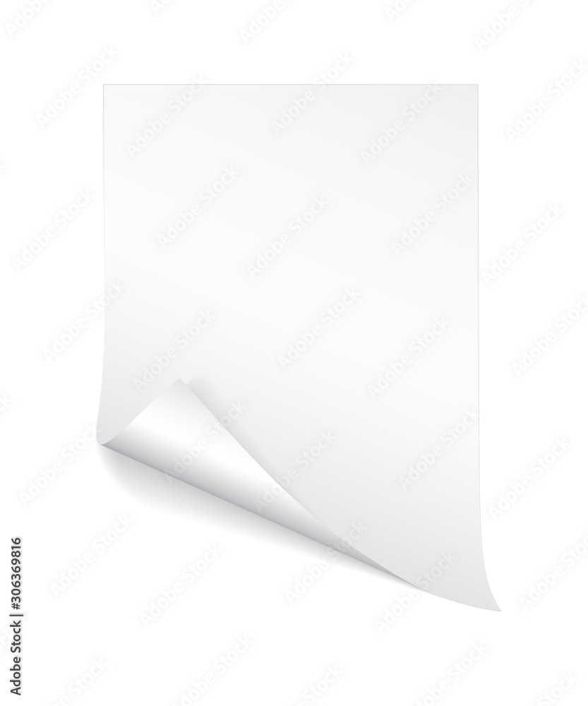 Blank A4 sheet of white paper with curled corner and shadow, template for your design. Set. Vector illustration Blank A4 sheet of white paper with curled corner and shadow, template for your design. Set. Vector illustration
