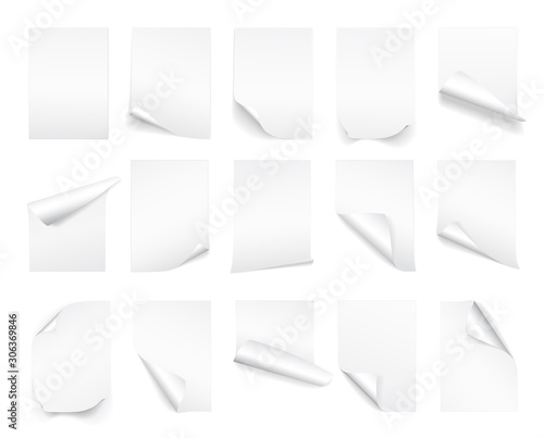 Blank A4 sheet of white paper with curled corner and shadow, template for your design. Set. Vector illustration