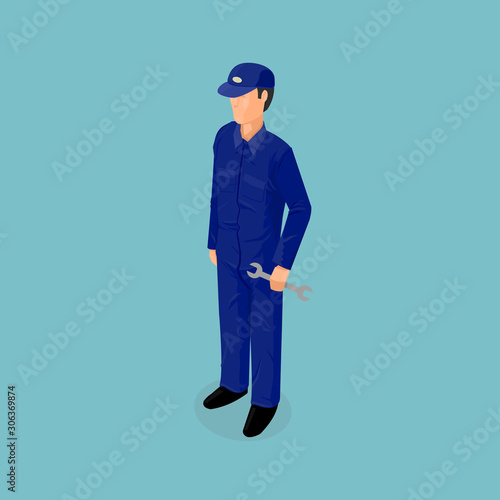 Isometric Car Mechanic Repairman Holding Spanner vector icon illustration