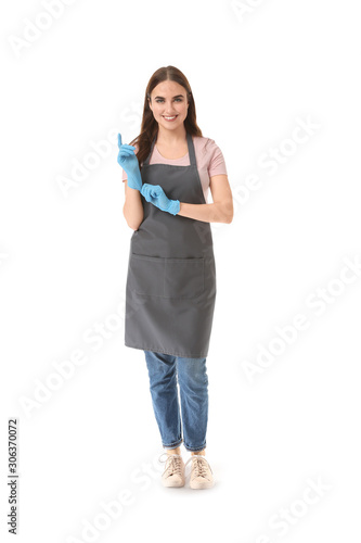 Female janitor on white background