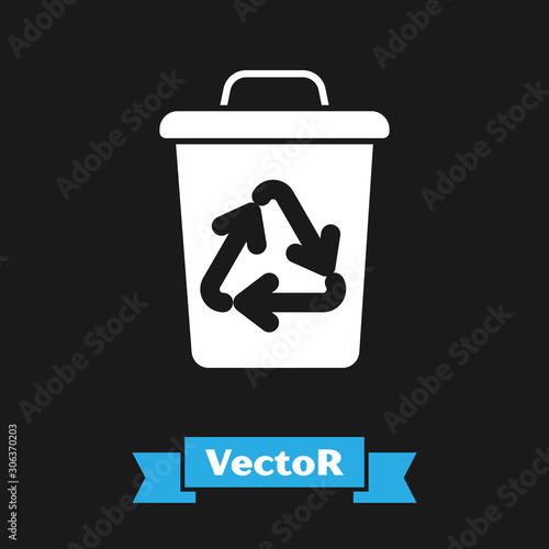 White Recycle bin with recycle symbol icon isolated on black background. Trash can icon. Garbage bin sign. Recycle basket sign. Vector Illustration