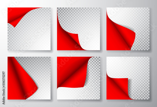 Paper page with curled corner and shadow. Template for your design. Set. Vector illustration