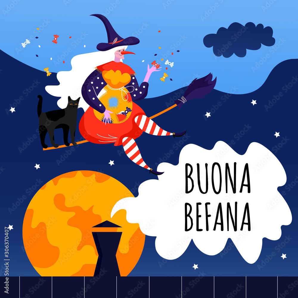 Greeting card with text Buona Befana. Italian Christmas holiday. Cute witch and cat for Happy Epiphany day.