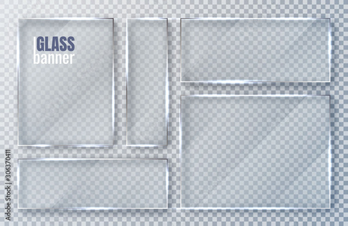 Glass plates set. Glass banners on transparent background. Flat glass clear window. Vector illustration