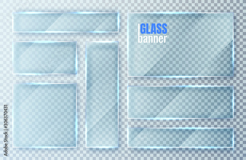 Glass plates set. Glass banners on transparent background. Flat glass clear window. Vector illustration